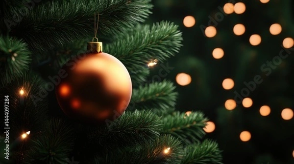 Fototapeta A captivating matte copper Christmas ornament dangles from a lush green Christmas tree, softly glowing with warm out-of-focus st lights behind it.