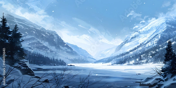 Obraz Snow Covered Mountains Surround Serene Valley Bathed in Soft Sunlight