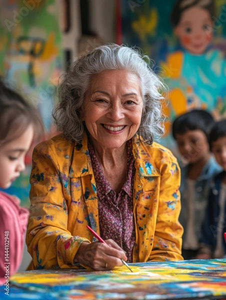 Obraz Senior woman teaching art classes to children, smiling and engaged in painting