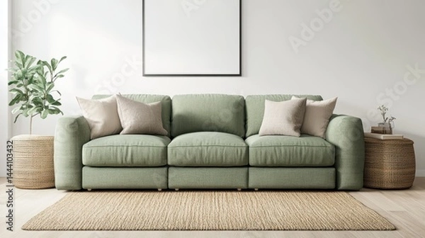 Fototapeta A serene minimalist living room featu a sage green sofa adorned with off-white pillows, light rug, blank framed artwork, and decorative potted plants
