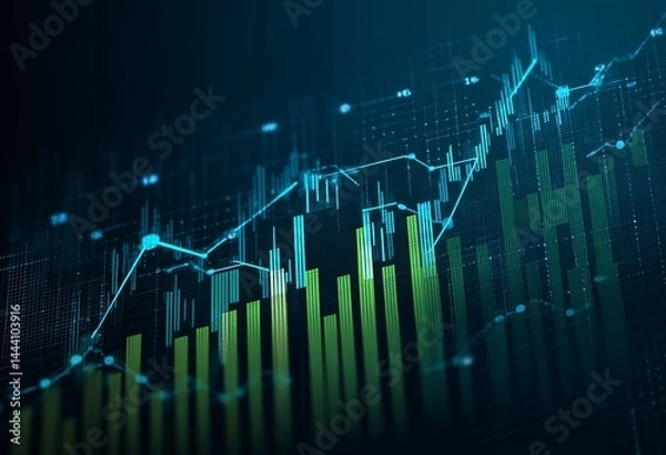 Fototapeta Illustration of stock market graph with blue lines and green bar chart on a dark background, financial data concept