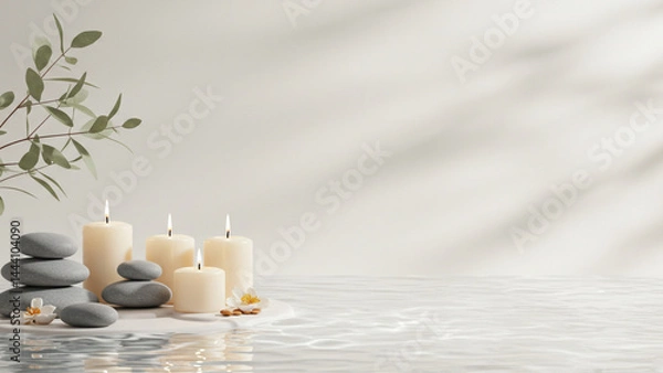 Obraz Spa Setting with Candles, Stones and Plant Reflections