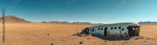 Obraz Abandoned Airplane Wreck in Vast Desert Landscape Under Clear Blue Sky with Distant Mountains