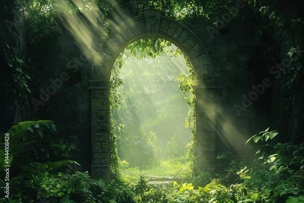 Obraz Enchanted Stone Archway in Lush Green Forest with Sunlight Streaming Through Foliage Creating a Mystical Atmosphere