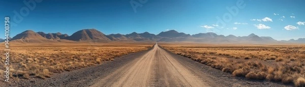 Obraz Endless Dirt Road Through Vast Desert Landscape with Majestic Mountain Range Under Clear Blue Sky