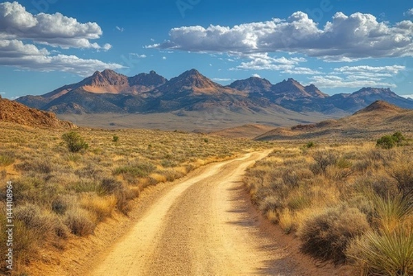 Obraz Scenic Desert Landscape with Dirt Road Leading to Majestic Mountain Range Under a Blue Sky with Fluffy Clouds