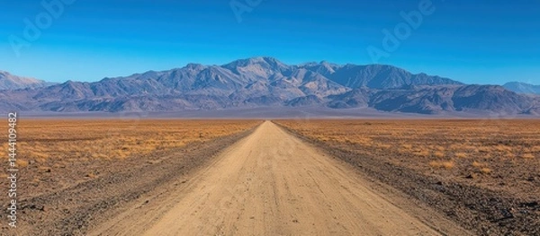 Obraz Endless Desert Road Leading to Majestic Mountain Range Under Clear Blue Sky in Remote Wilderness Landscape