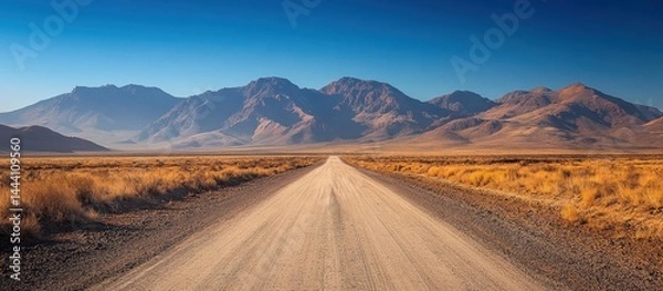 Obraz Endless Dirt Road Leading to Majestic Mountain Range Under Clear Blue Sky in Serene Desert Landscape