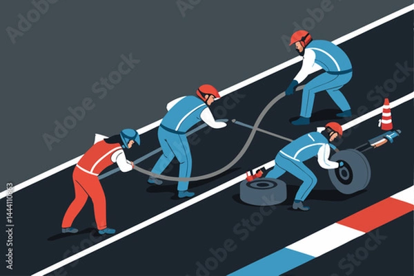 Fototapeta A dynamic image depicting a contemporary pit crew expertly refueling a racecar, showcasing fuel hoses, tools, and intense action.