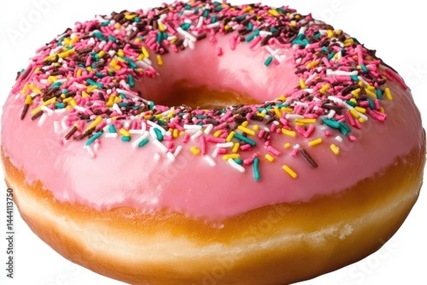 Fototapeta Delicious pink frosted donut with colorful sprinkles on a white background, ideal for dessert promotions