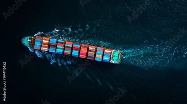 Fototapeta Aerial view of a cargo ship with colorful containers sailing in the open sea