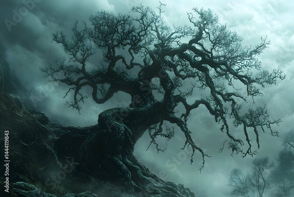Fototapeta Contorted Tree Silhouette Against a Dreamy Sky Backdrop