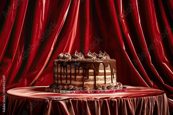 Fototapeta A large round Chocolate peanut butter cake with chocolate drizzle, placed on a table under red velvet curtains. Muted bronze background, dramatic lighting with strong shadows and highlights.