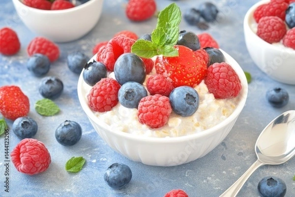 Fototapeta Fresh berries and yogurt in a bowl, vibrant colors, healthy breakfast setting