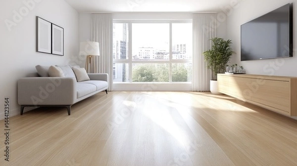 Fototapeta Modern minimalist living room with hardwood floors, large window, and light color palette