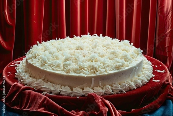 Fototapeta A large round Coconut cream cake with shredded coconut topping, placed on a table under red velvet curtains. Icy blue background, dramatic lighting with strong shadows and highlights.
