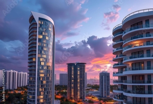 Fototapeta Sleek Miami high-rise, rounded balconies, expansive windows, highrise, building exterior