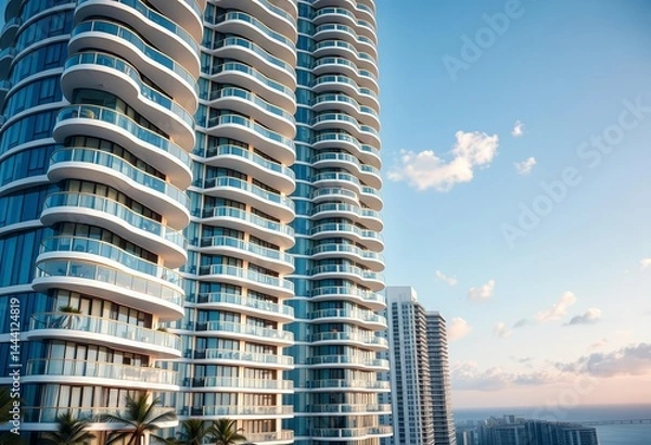 Fototapeta Sleek Miami high-rise, rounded balconies, expansive windows, property, structure