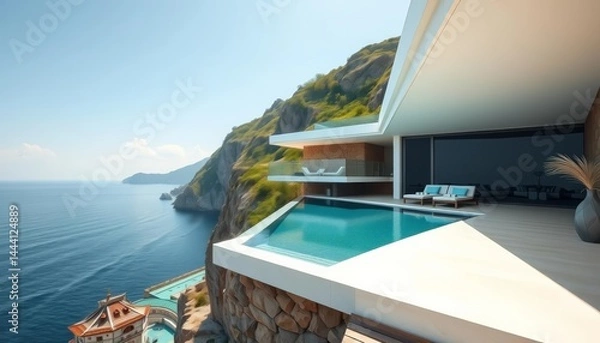 Fototapeta Sleek minimalist cliffside home, infinity pool, ocean vista, view, calm