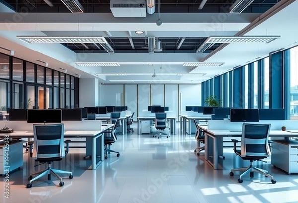 Fototapeta Sleek minimalist open plan office with modular desks and ergonomic chairs, open plan, teamwork