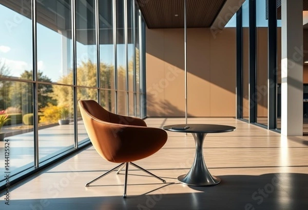 Fototapeta Sleek modern chair, table, large window view, abundant empty space, furniture, space