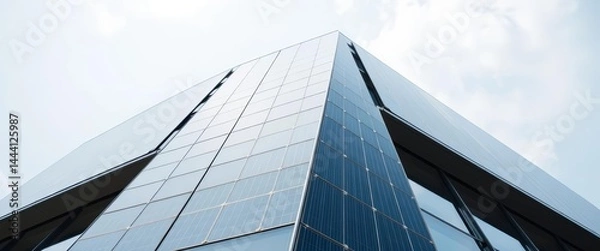Fototapeta Sleek solar panel integration on modern building facade, shadows, efficient