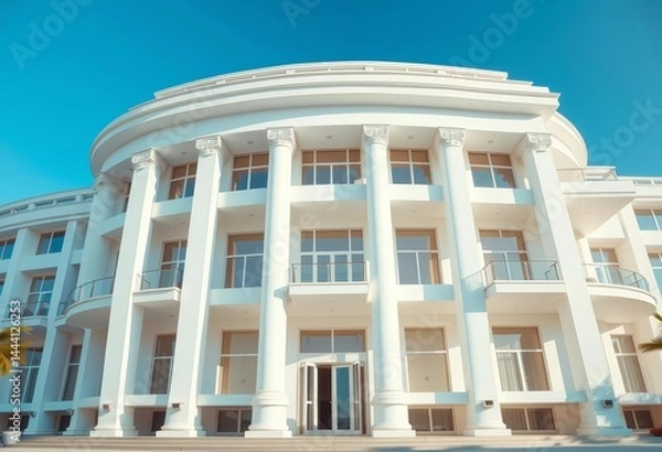 Fototapeta Sleek white modern building, grand columns, spacious balconies, spacious, home