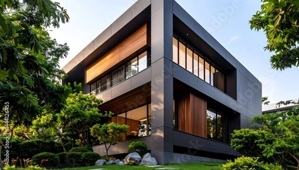 Obraz Modern two-story house with large windows, sleek black exterior, and surrounded by lush green landscaping and trees.