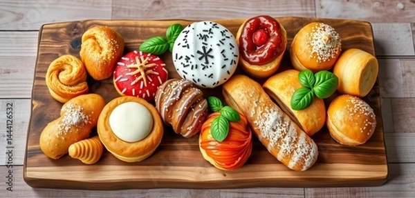 Fototapeta Variety of Italian pastries arranged on rustic wooden board, ample empty space,  empty space, sweet treat