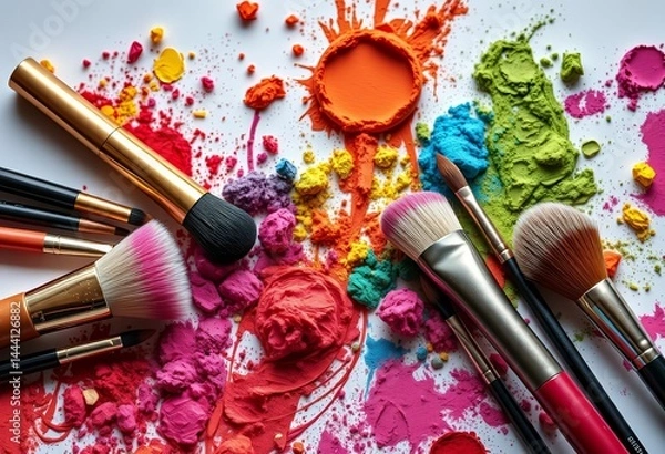 Obraz Vibrant array of makeup brushes and colorful pigments artfully arranged on a surface, display, arrangement