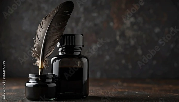 Fototapeta A dark feather quill rests in an ink bottle, evoking vintage writing on a rustic surface with a moody background.