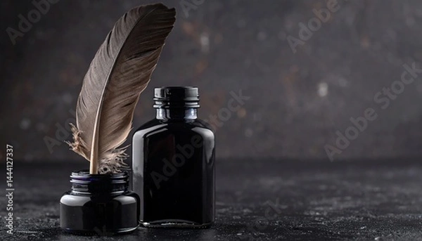 Obraz A feather quill and ink bottles on a dark textured surface, evoking a vintage, classic writing atmosphere.
