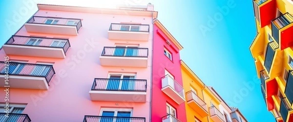 Fototapeta Vibrant building facade, balconies, clear blue sky, modern architecture, cheerful colors, architecture, structure