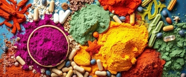 Fototapeta Vibrant bowls overflow with colorful superfood powders & supplements, showcasing diverse textures, detox, vitamins