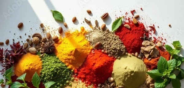 Fototapeta Vibrant exotic superfood powders & herbs arranged in a flat lay, bathed in natural light, food styling,  colorful