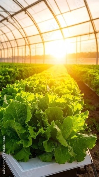 Obraz Rows of fresh green lettuce grow inside a sunlit greenhouse at sunrise, showcasing modern agricultural practices.