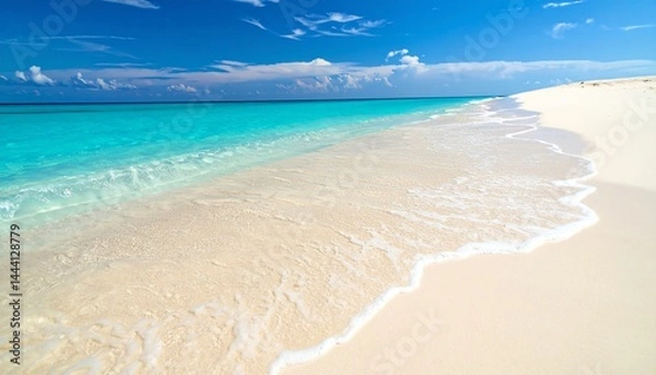 Fototapeta Pristine white sandy beach with turquoise water and clear blue sky, creating a tranquil and inviting tropical paradise.