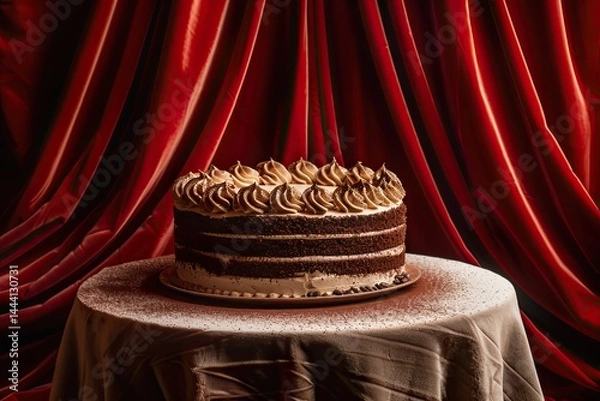 Fototapeta A large round Mocha cake with coffee cream layers, placed on a table under red velvet curtains. Earthy ochre background, dramatic lighting with strong shadows and highlights.