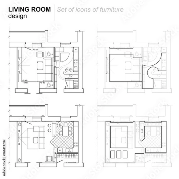 Fototapeta The architectural plan. the layout of the apartment with the furniture in the drawing view. Top. Accommodation with kitchen, living room.