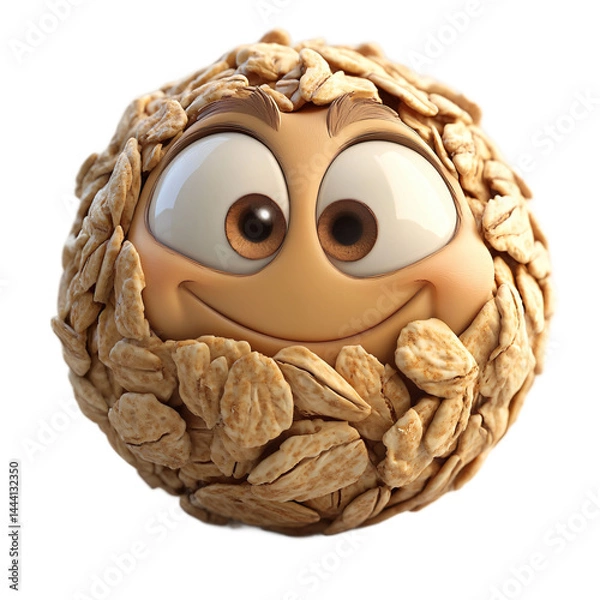 Fototapeta Cartoon character, a round shape, is covered in oat flakes with a happy facial expression.