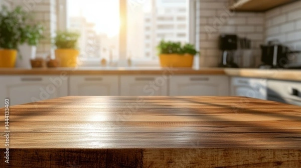 Fototapeta Close-up view of a polished wooden table surface with blurred sunlit kitchen background showcasing white cabinets and a window with city views and light