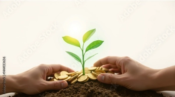 Fototapeta Nurturing growth hands planting coins and leaves against white background