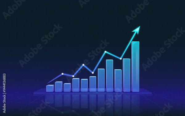 Fototapeta Upward Growth Chart with Rising Trend Line and Columns on Dark Blue Background for Success and Profit