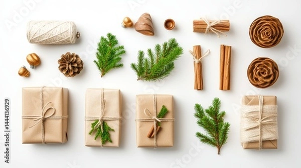 Fototapeta Rustic Christmas Gifts Wrapped in Brown Paper with Twine Surrounded by Natural Decorations like Fir Sprigs, Cinnamon Sticks, and Pine Cones on White Surface
