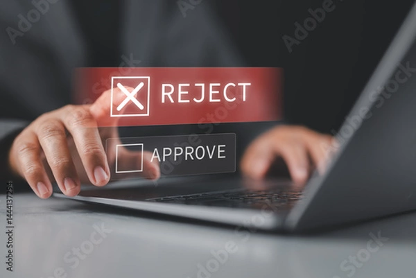 Obraz Businessman point to tick correct sign mark in checkbox for reject quality document and project control. Ensuring quality and ISO certification for top Service. Excellence in document correction,