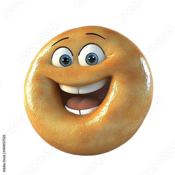 Fototapeta Humorous, 3D illustration of a bagel, depicted as a character with a wide, joyful smile.  The bagel is rendered in vibrant tones, giving it a cartoon-like quality.