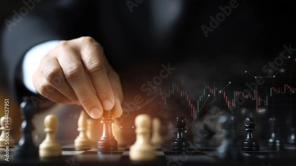 Obraz A hand moves a chess piece over a board, with financial data graphics in the background, symbolizing strategic decision-making.