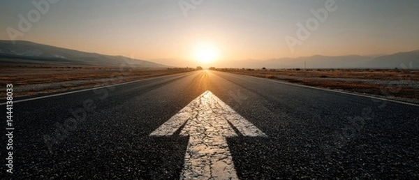 Fototapeta Sunrise over a deserted road, leading towards the horizon with an arrow symbolizing direction and possibilities.