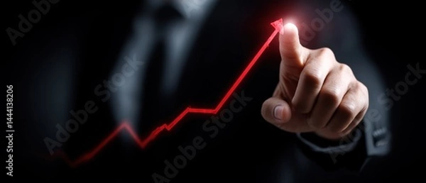 Fototapeta A business professional points to a rising graph, symbolizing growth and success in a dark setting.