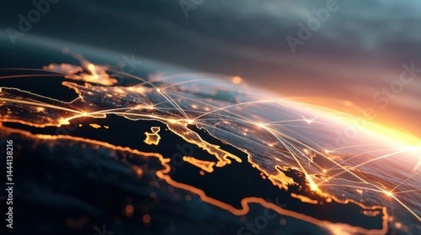 Obraz Digital representation of global connectivity with illuminated lines across a dark landscape, depicting networks and technology.